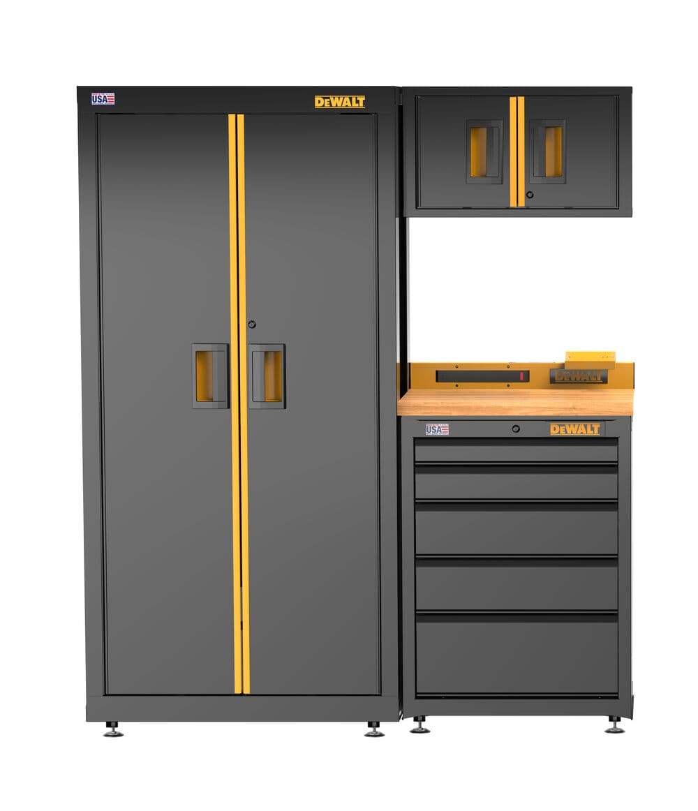 A DEWALT garage storage system featuring a tall cabinet with double doors, a set of five drawers with a wooden worktop, and a wall-mounted cabinet with two doors. The units are grey with yellow accents and are branded with the DEWALT logo.